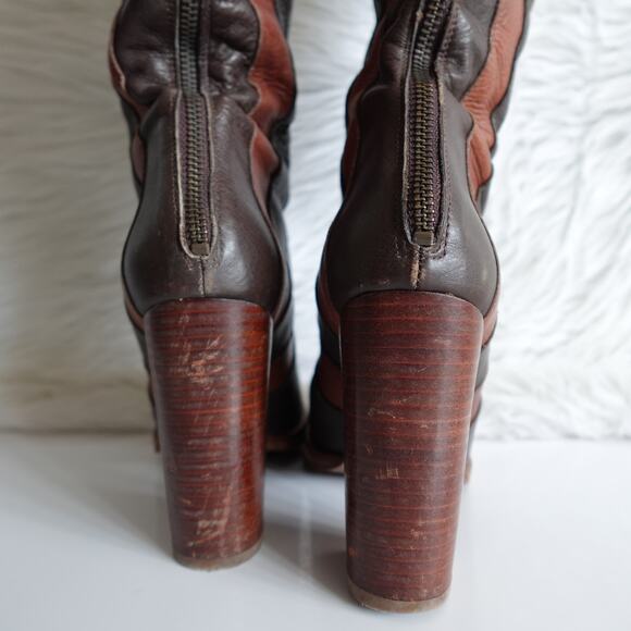 Red Or Dead Brown Tall Knee High Heeled Brown Leather Boots 39 Cobbled Together - Picture 8 of 16